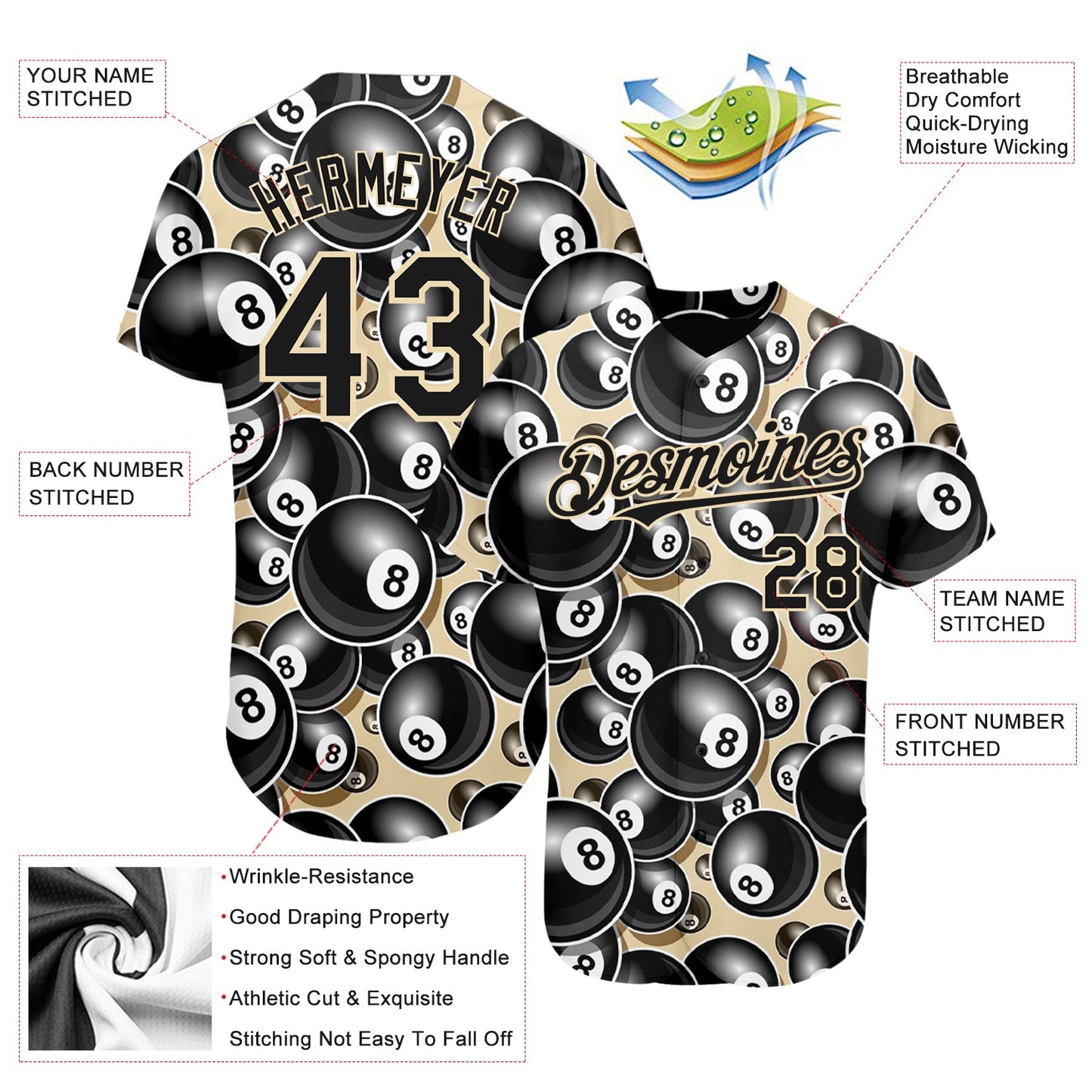 Custom City Cream Black 3D Pattern Design Billiards Snooker 8 Ball Authentic Baseball Jersey view 3
