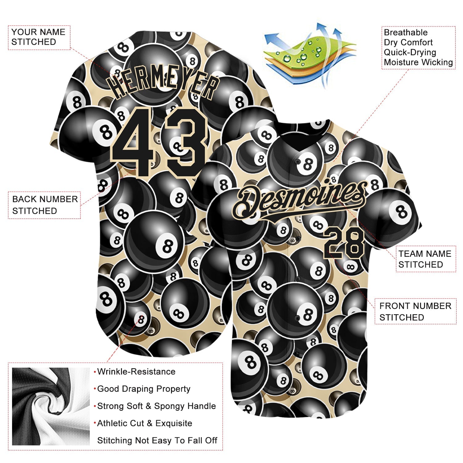 Custom City Cream Black 3D Pattern Design Billiards Snooker 8 Ball Authentic Baseball Jersey view 3