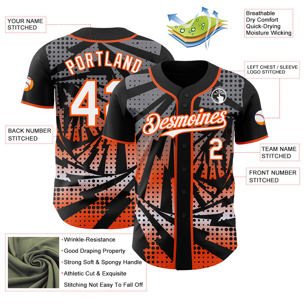 Custom Black White-Orange Lightning Gradient Dot Authentic Baseball Jersey view 3