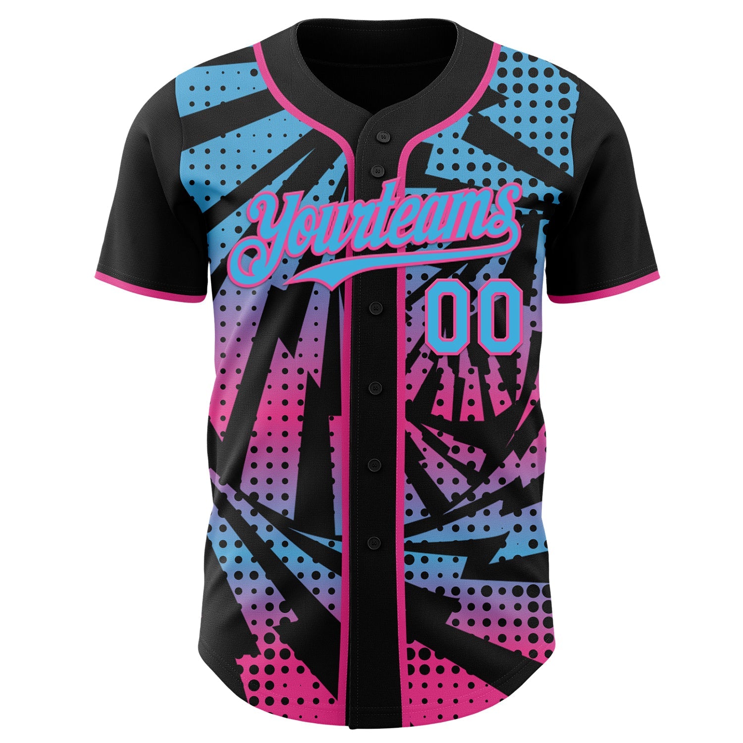 Custom Black Sky Blue-Pink Lightning Gradient Dot Authentic Baseball Jersey view 2