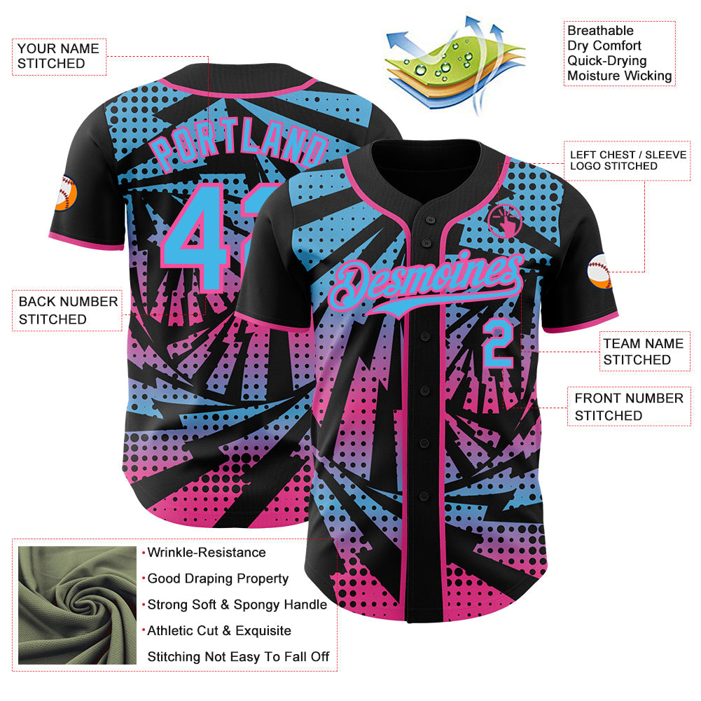 Custom Black Sky Blue-Pink Lightning Gradient Dot Authentic Baseball Jersey view 3