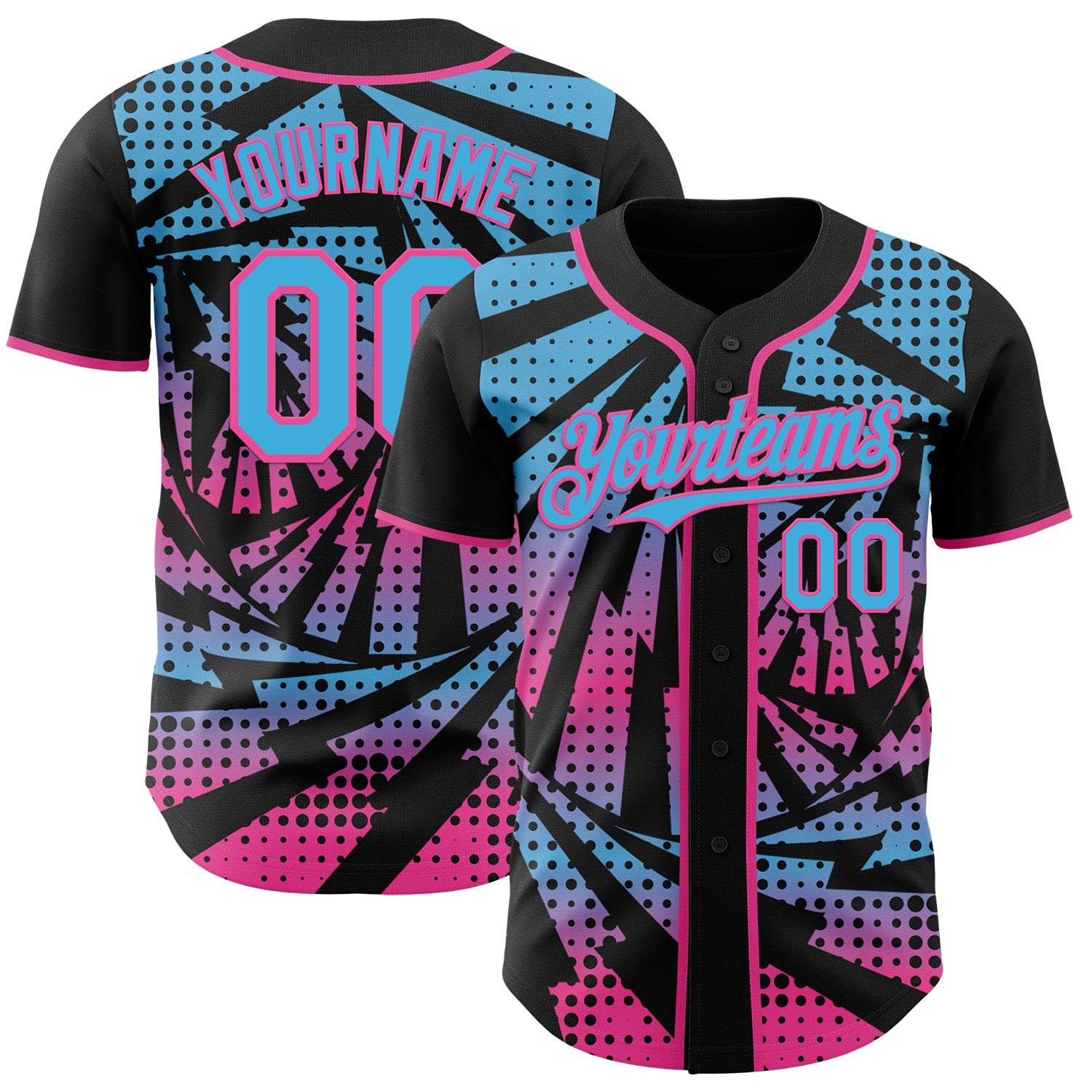 Custom Black Sky Blue-Pink Lightning Gradient Dot Authentic Baseball Jersey - Main View