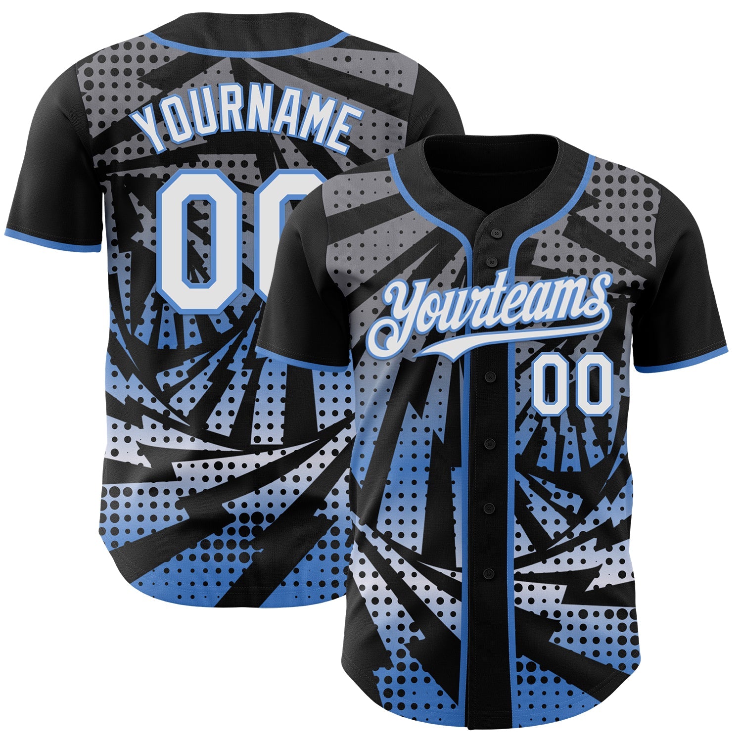 Custom Black White-Light Blue Lightning Gradient Dot Authentic Baseball Jersey - Main View