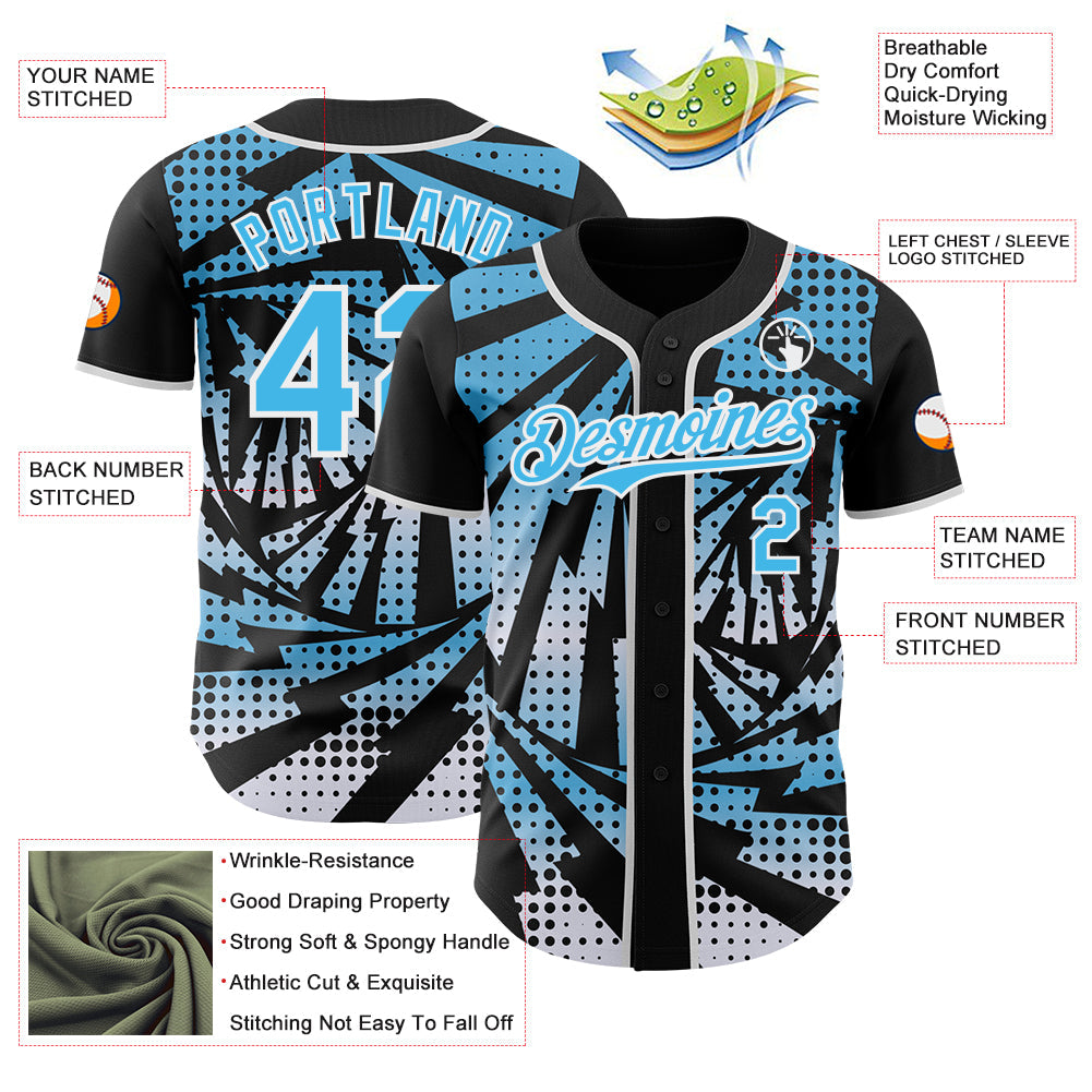 Custom Black Sky Blue-White Lightning Gradient Dot Authentic Baseball Jersey view 3