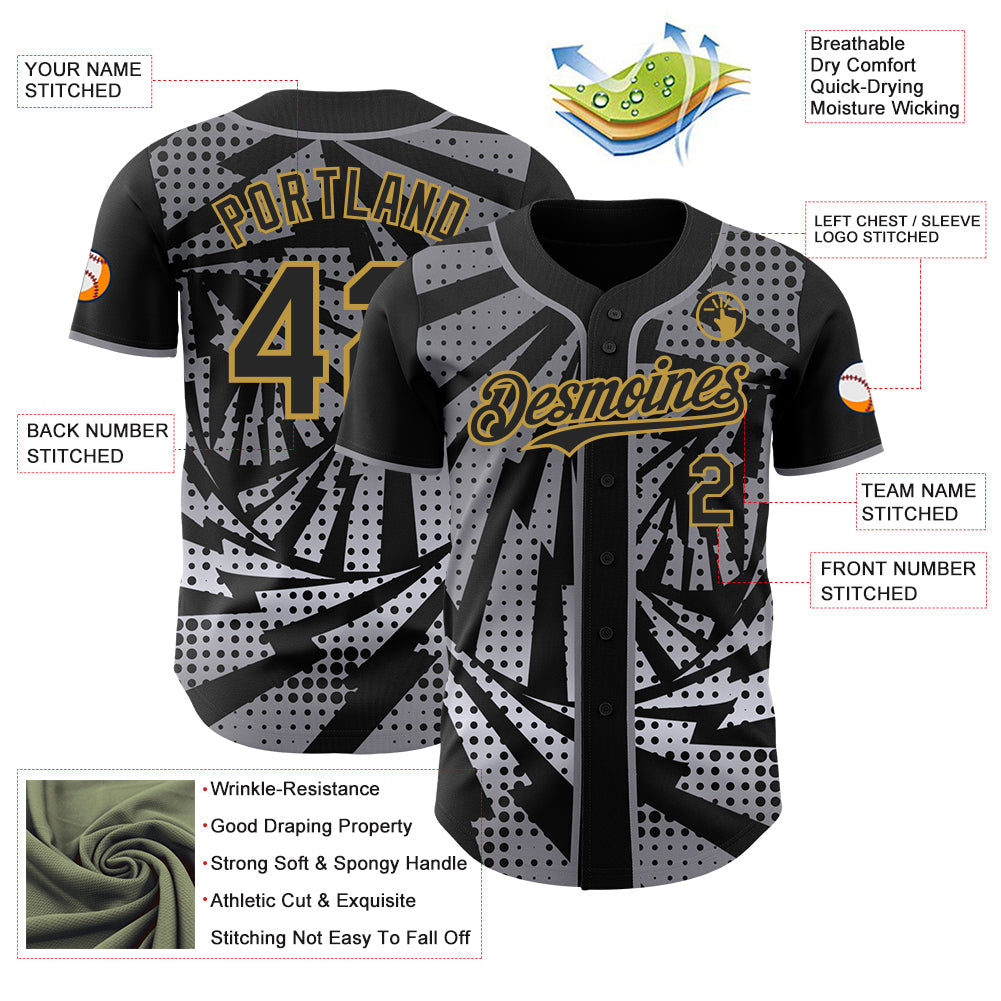 Custom Black Old Gold-Gray Lightning Gradient Dot Authentic Baseball Jersey view 3