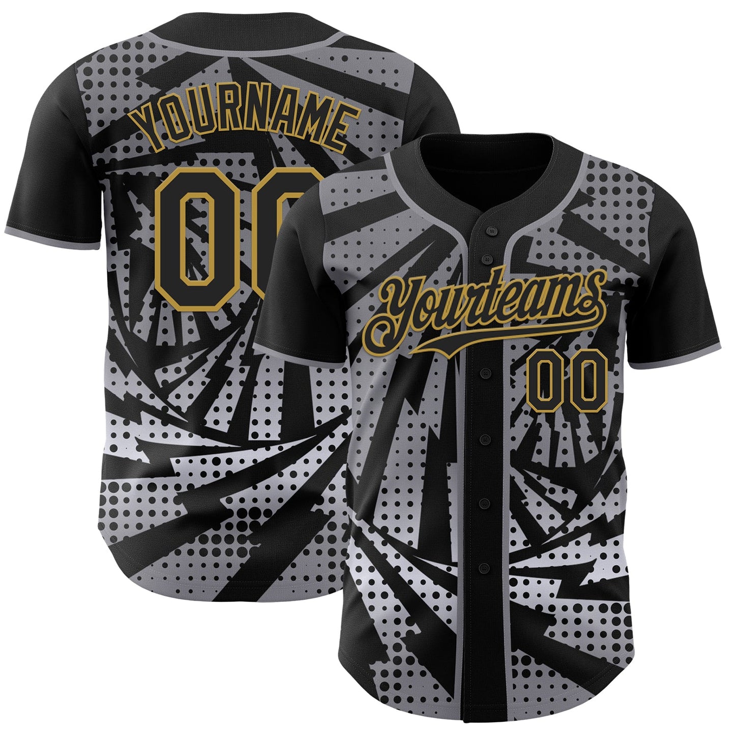 Custom Black Old Gold-Gray Lightning Gradient Dot Authentic Baseball Jersey - Main View