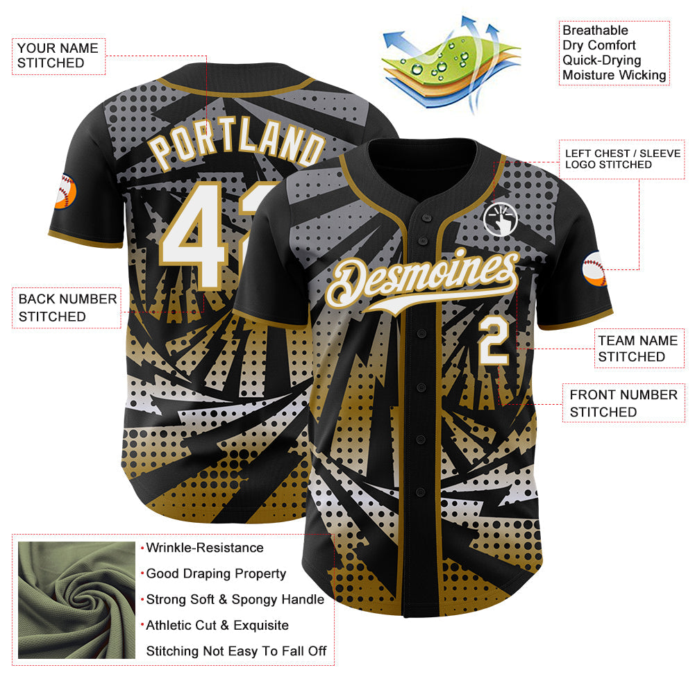 Custom Black White-Old Gold Lightning Gradient Dot Authentic Baseball Jersey view 3