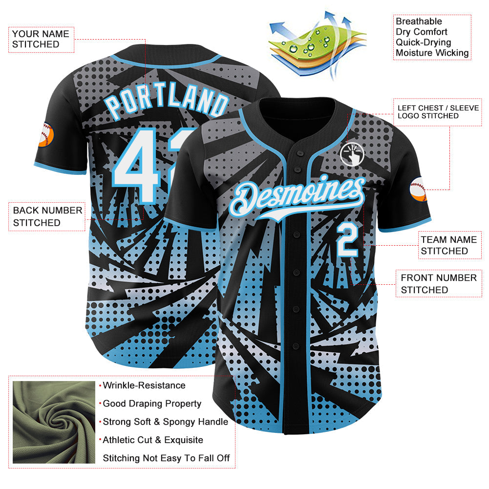 Custom Black White-Sky Blue Lightning Gradient Dot Authentic Baseball Jersey view 3