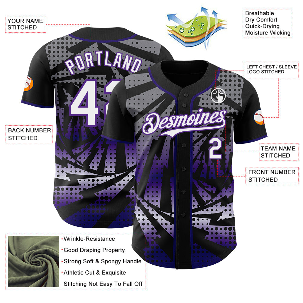 Custom Black White-Purple Lightning Gradient Dot Authentic Baseball Jersey view 3
