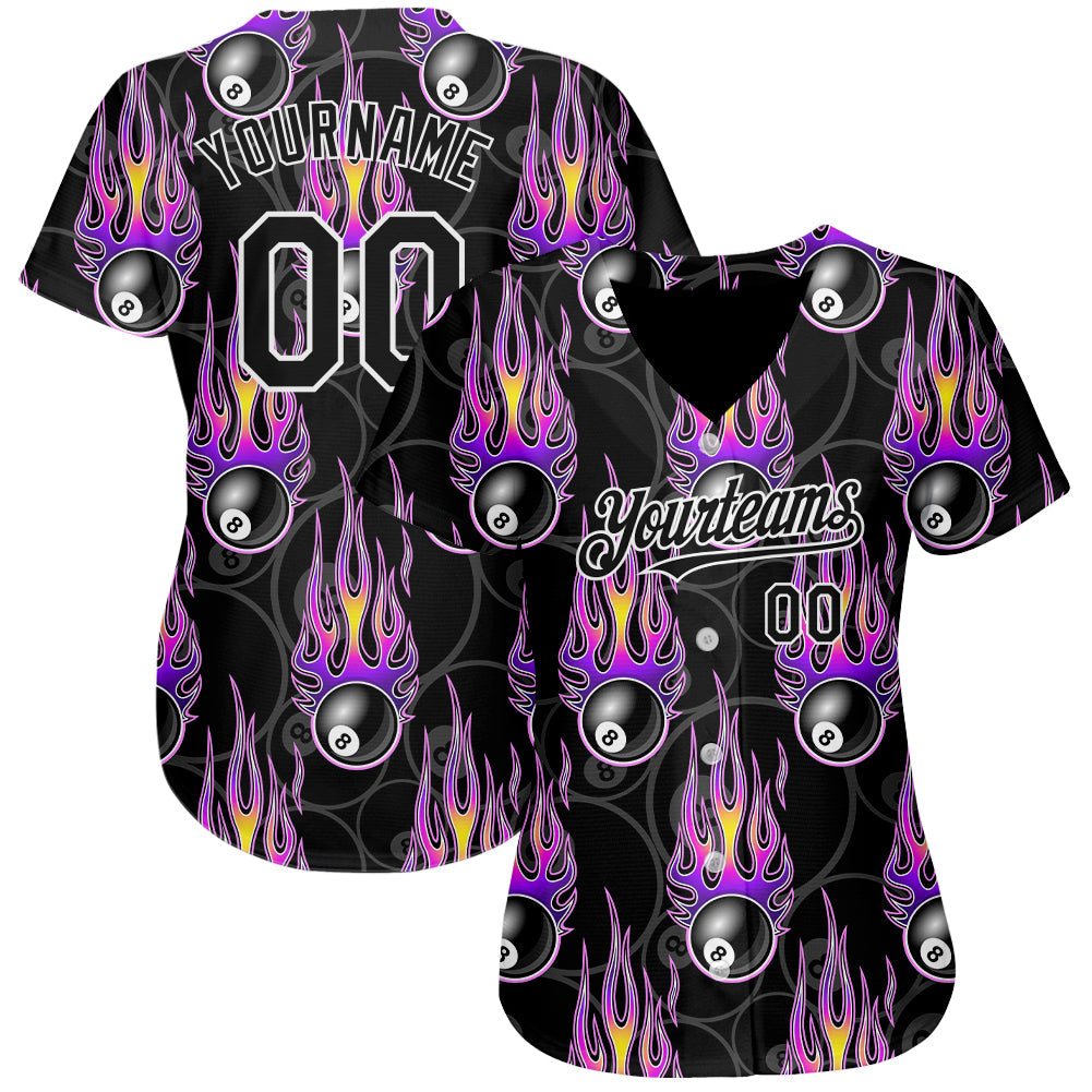 Custom Black White 3D Pattern Design Flaming Billiards Snooker 8 Ball Authentic Baseball Jersey view 2