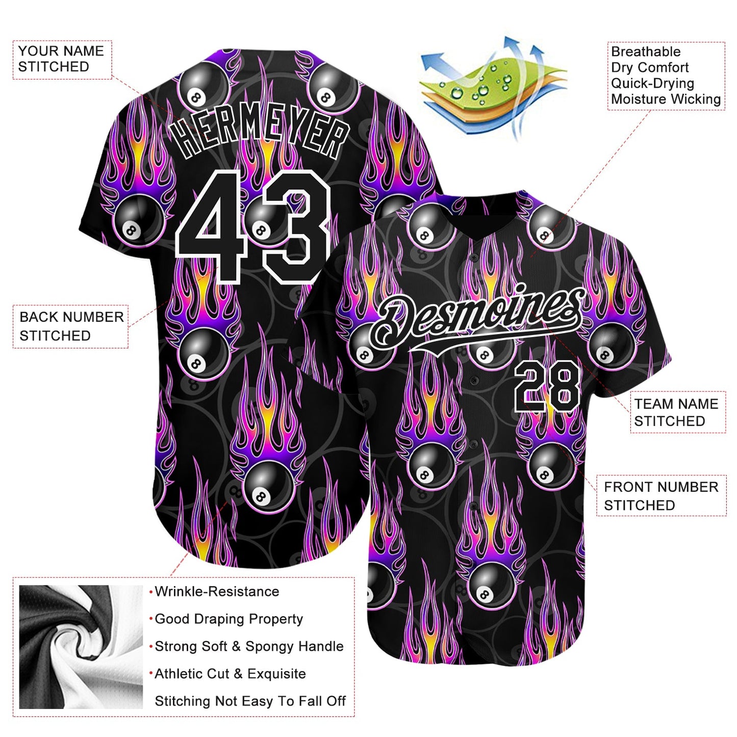 Custom Black White 3D Pattern Design Flaming Billiards Snooker 8 Ball Authentic Baseball Jersey view 3