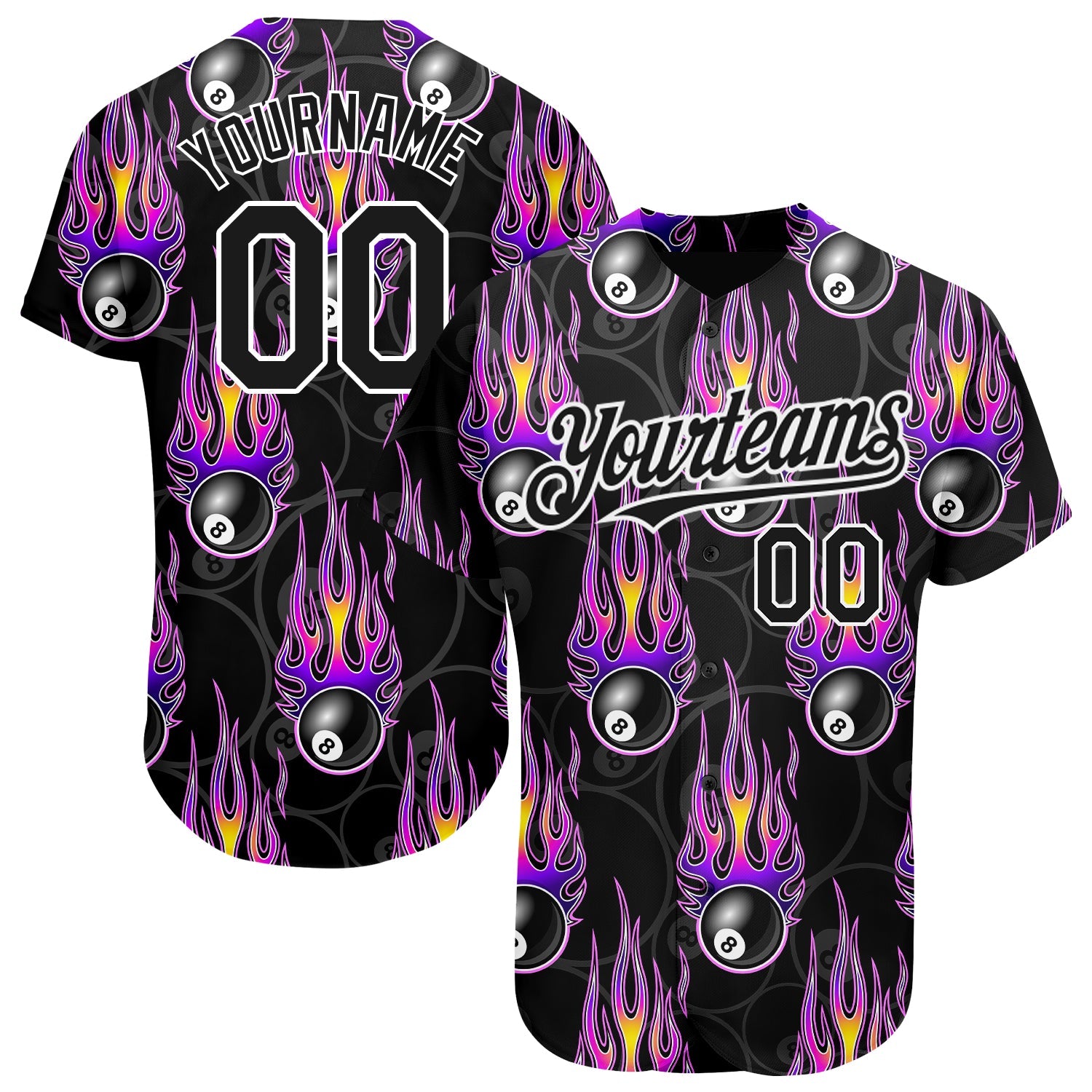 Custom Black White 3D Pattern Design Flaming Billiards Snooker 8 Ball Authentic Baseball Jersey - Main View