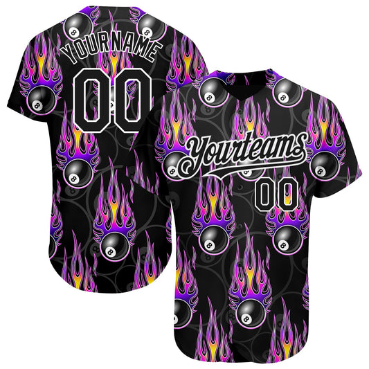 Custom Black White 3D Pattern Design Flaming Billiards Snooker 8 Ball Authentic Baseball Jersey - Main View