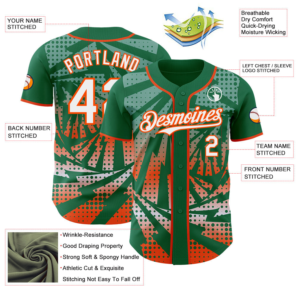 Custom Kelly Green White-Orange Lightning Gradient Dot Authentic Baseball Jersey view 3