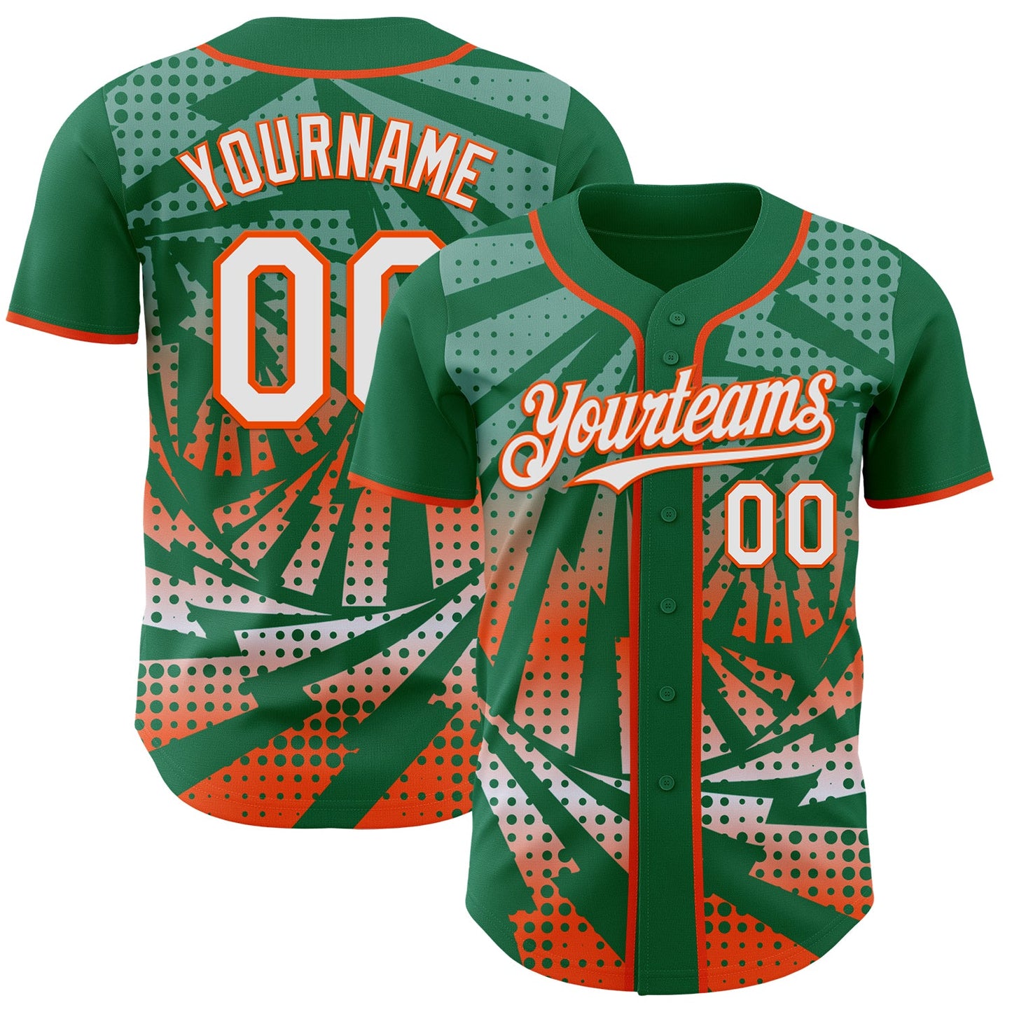 Custom Kelly Green White-Orange Lightning Gradient Dot Authentic Baseball Jersey - Main View