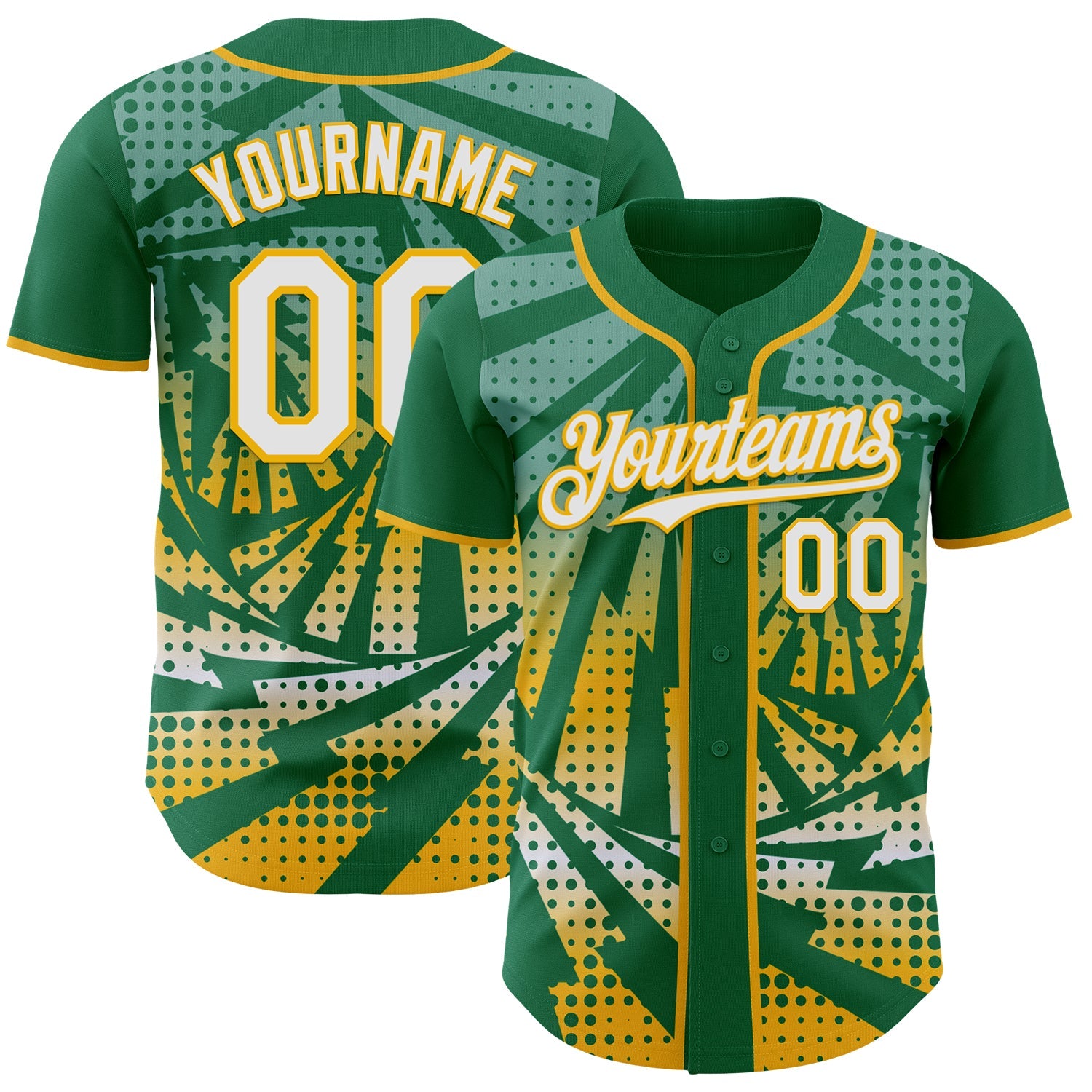 Custom Kelly Green White-Gold Lightning Gradient Dot Authentic Baseball Jersey - Main View