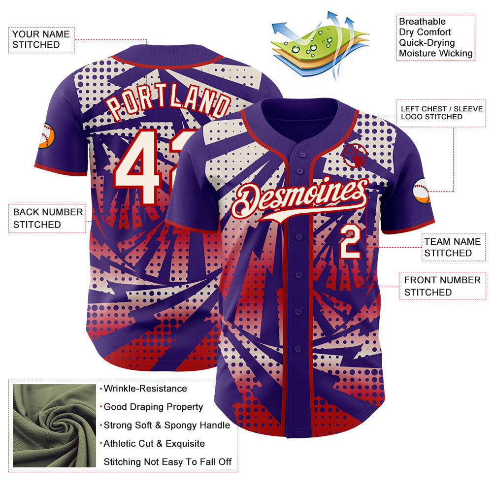 Custom Purple Cream-Red Lightning Gradient Dot Authentic Baseball Jersey view 3