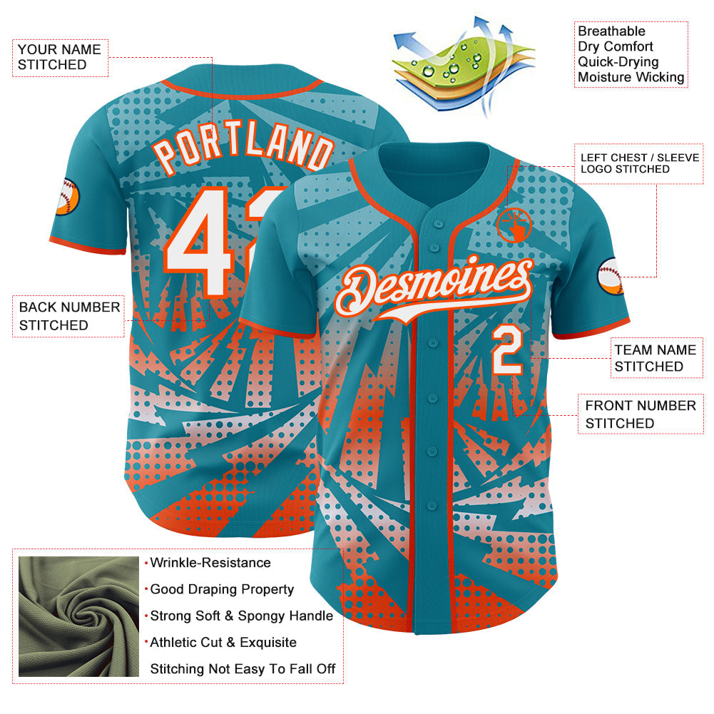Custom Teal White-Orange Lightning Gradient Dot Authentic Baseball Jersey view 3