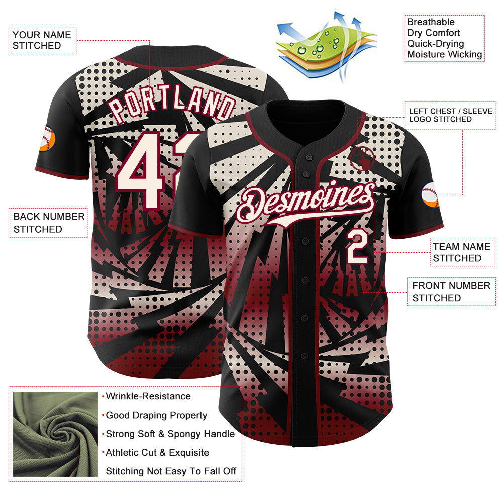 Custom Black Cream-Maroon Lightning Gradient Dot Authentic Baseball Jersey view 3