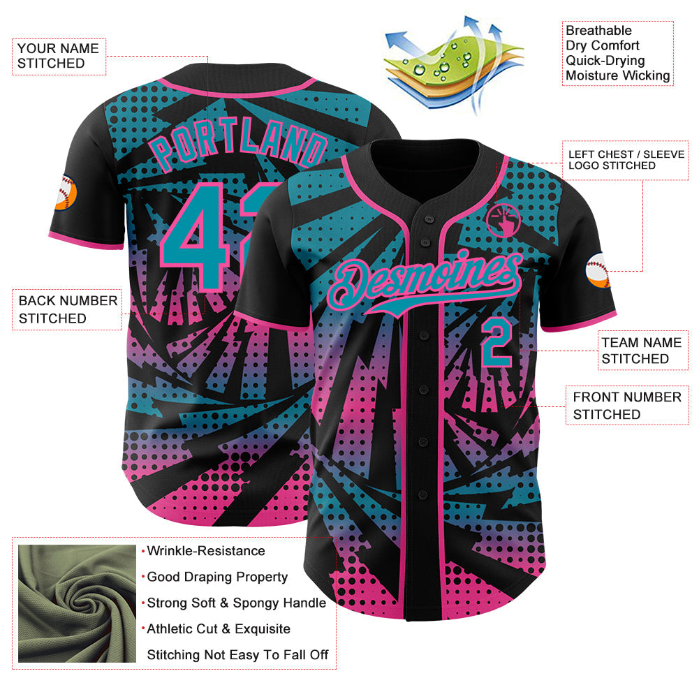 Custom Black Teal-Pink Lightning Gradient Dot Authentic Baseball Jersey view 3