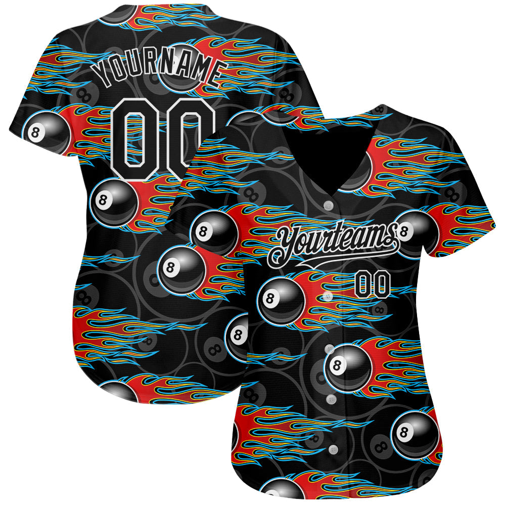 Custom Black White 3D Pattern Design Flaming Billiards Snooker 8 Ball Authentic Baseball Jersey view 2