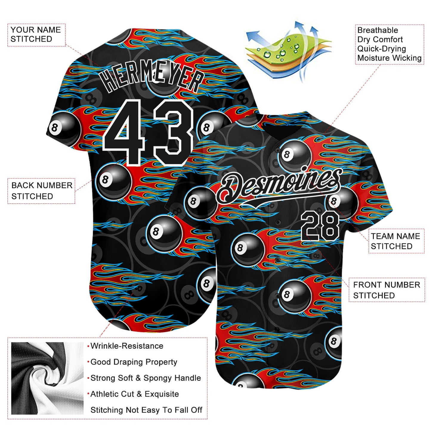 Custom Black White 3D Pattern Design Flaming Billiards Snooker 8 Ball Authentic Baseball Jersey view 3
