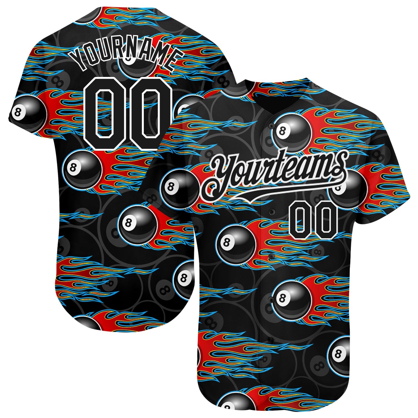 Custom Black White 3D Pattern Design Flaming Billiards Snooker 8 Ball Authentic Baseball Jersey - Main View