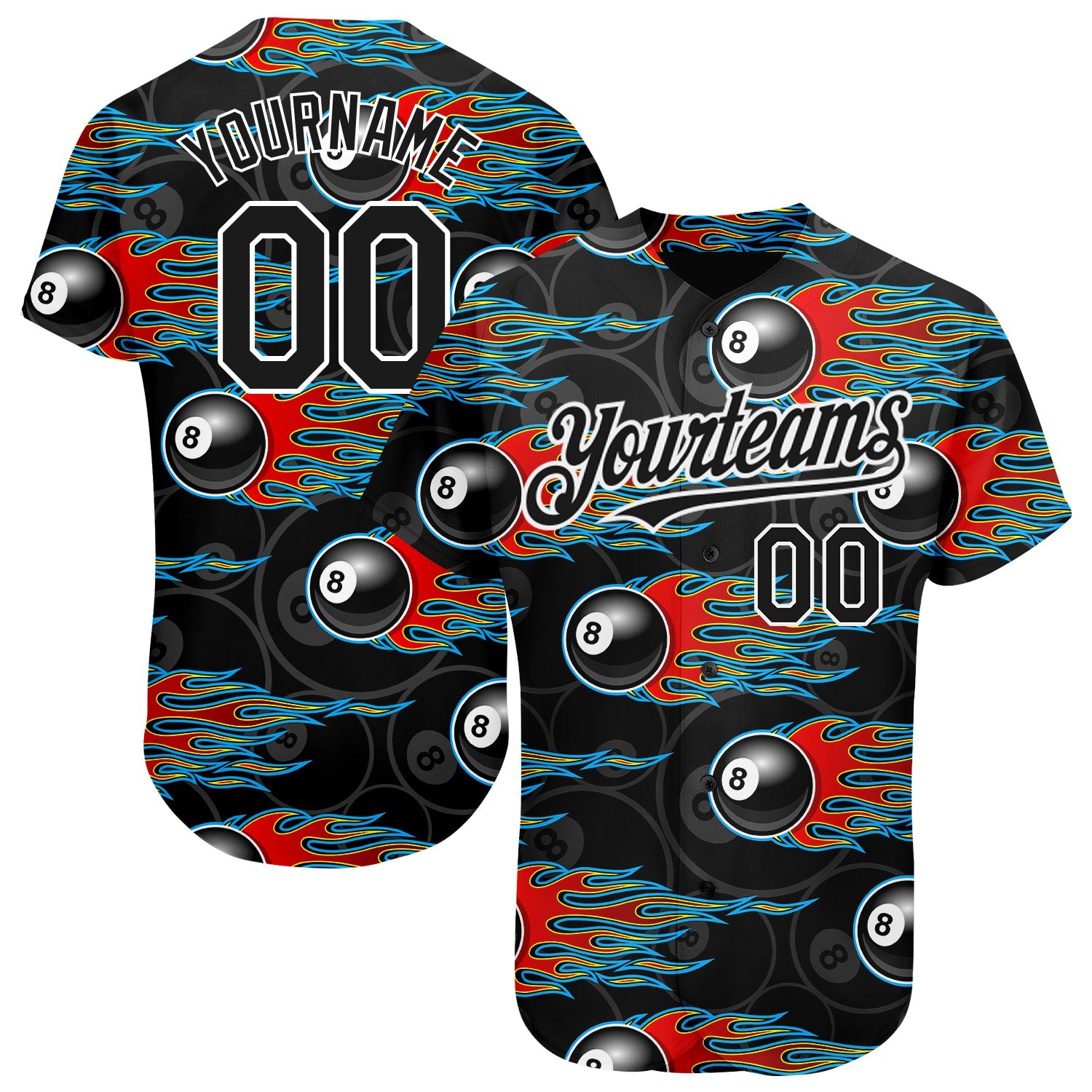 Custom Black White 3D Pattern Design Flaming Billiards Snooker 8 Ball Authentic Baseball Jersey - Main View