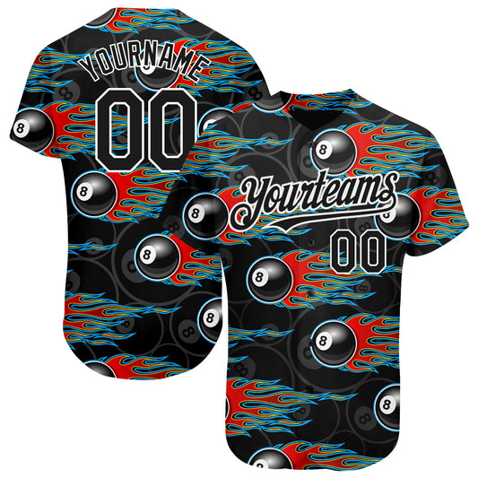 Custom Black White 3D Pattern Design Flaming Billiards Snooker 8 Ball Authentic Baseball Jersey - Main View