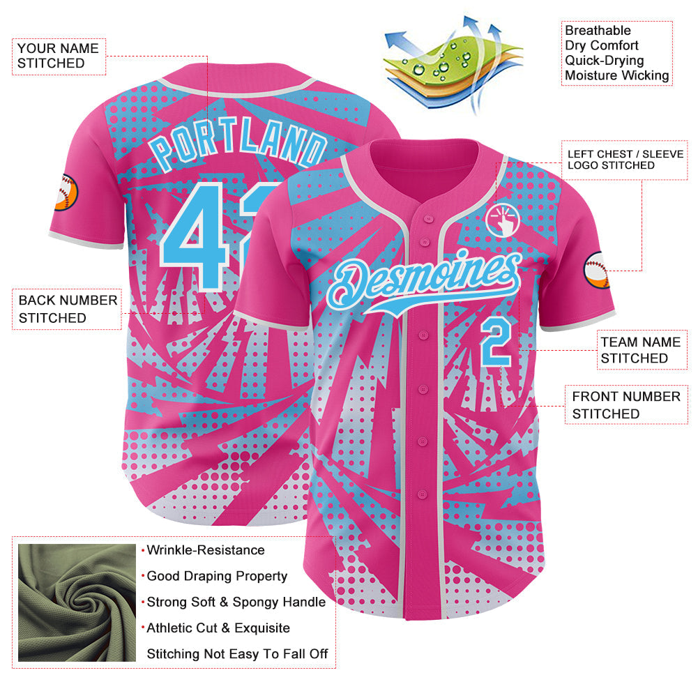 Custom Pink Sky Blue-White Lightning Gradient Dot Authentic Baseball Jersey view 3
