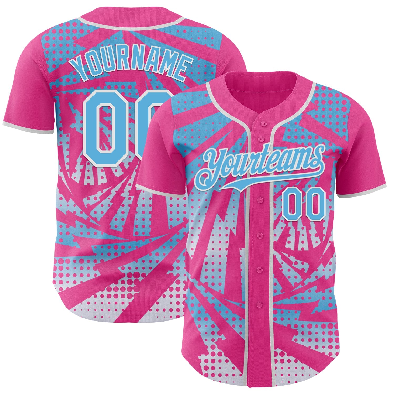 Custom Pink Sky Blue-White Lightning Gradient Dot Authentic Baseball Jersey - Main View