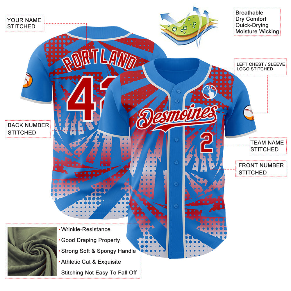 Custom Electric Blue Red-White Lightning Gradient Dot Authentic Baseball Jersey view 3