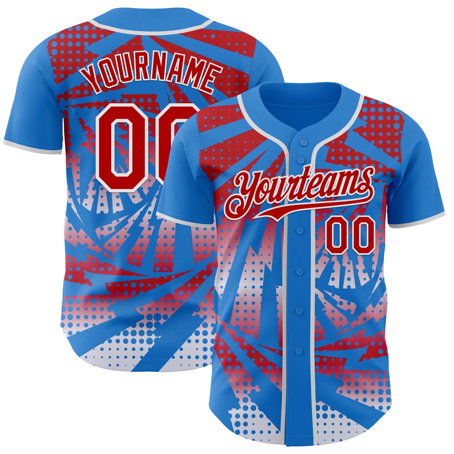 Custom Electric Blue Red-White Lightning Gradient Dot Authentic Baseball Jersey - Main View
