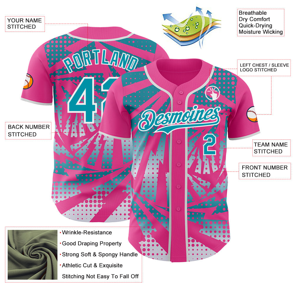 Custom Pink Teal-White Lightning Gradient Dot Authentic Baseball Jersey view 3