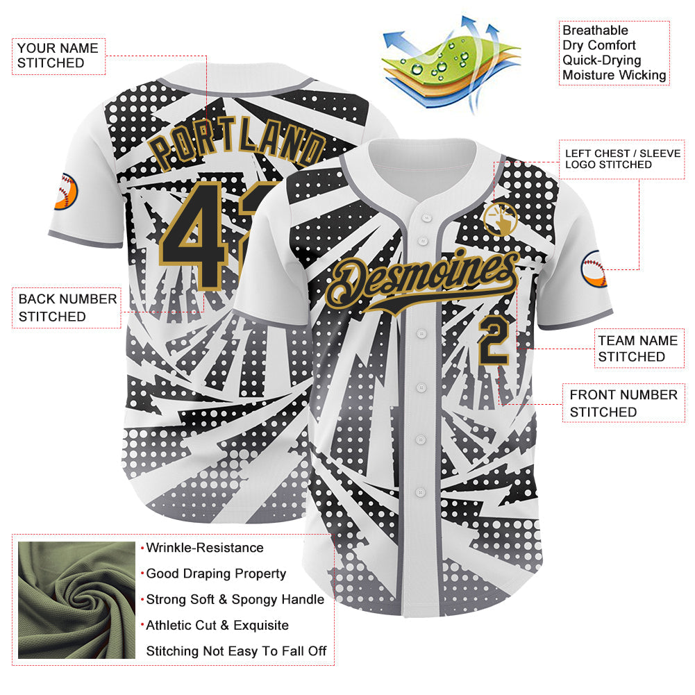 Custom White Black Old Gold-Gray Lightning Gradient Dot Authentic Baseball Jersey view 3
