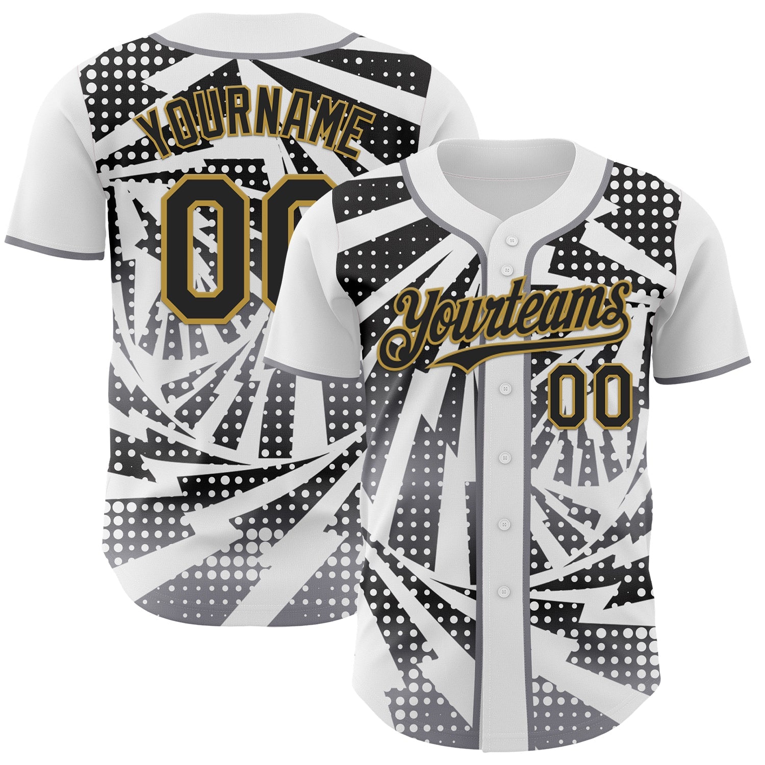 Custom White Black Old Gold-Gray Lightning Gradient Dot Authentic Baseball Jersey - Main View