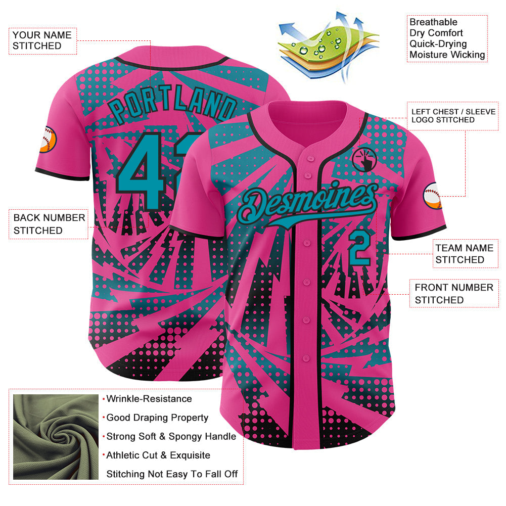 Custom Pink Teal-Black Lightning Gradient Dot Authentic Baseball Jersey view 3
