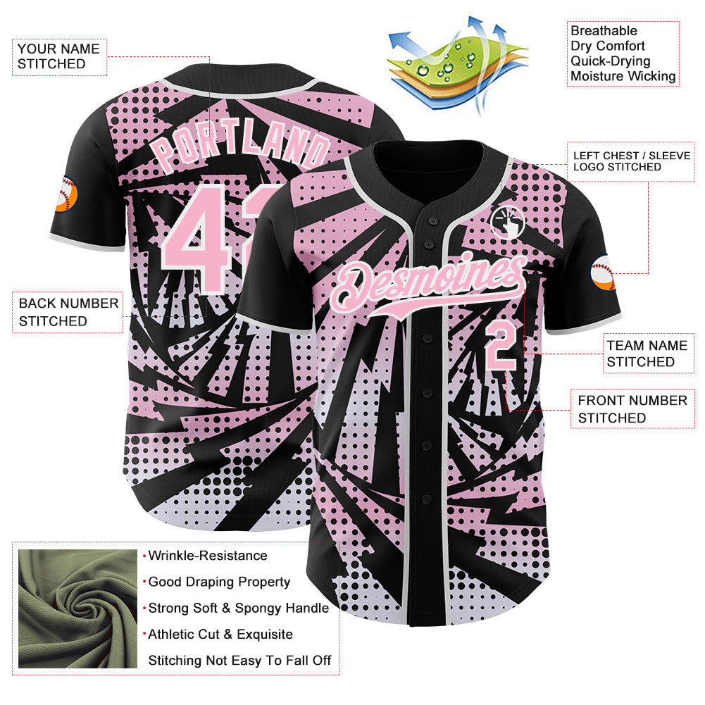 Custom Black Light Pink-White Lightning Gradient Dot Authentic Baseball Jersey view 3