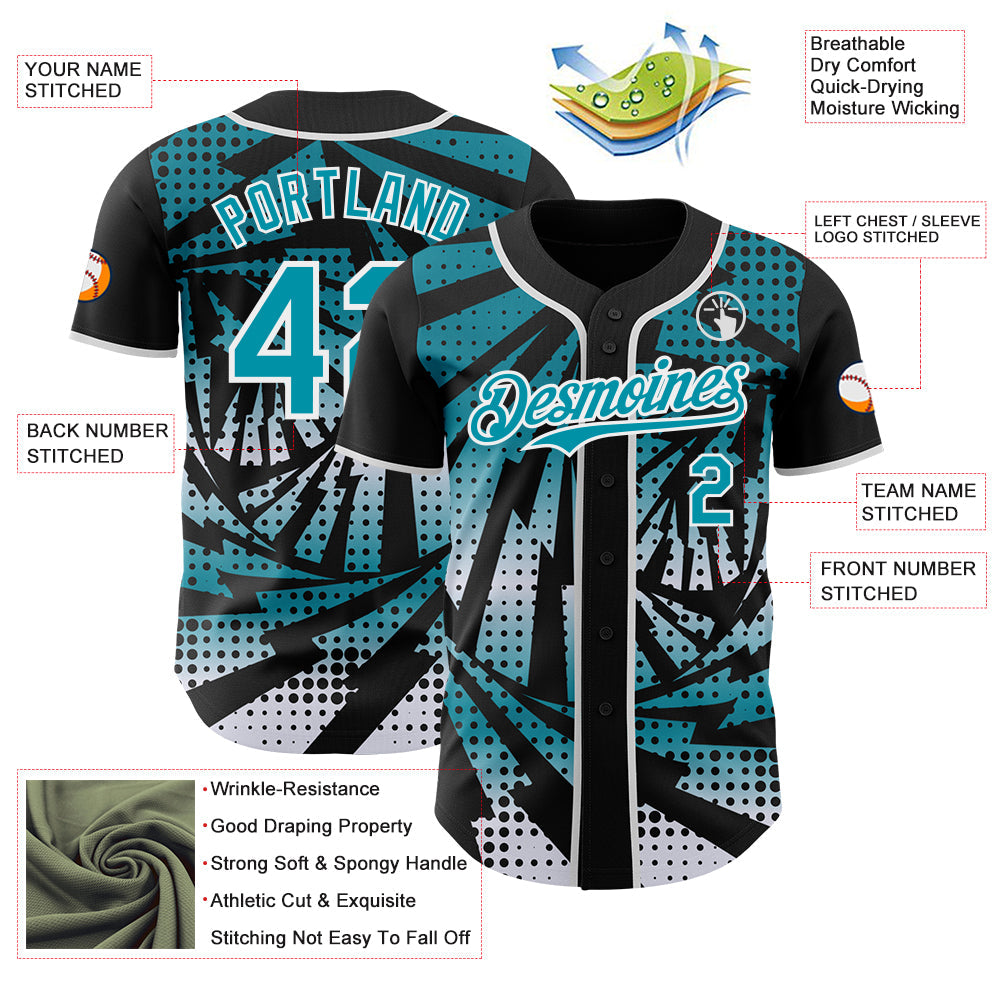 Custom Black Teal-White Lightning Gradient Dot Authentic Baseball Jersey view 3