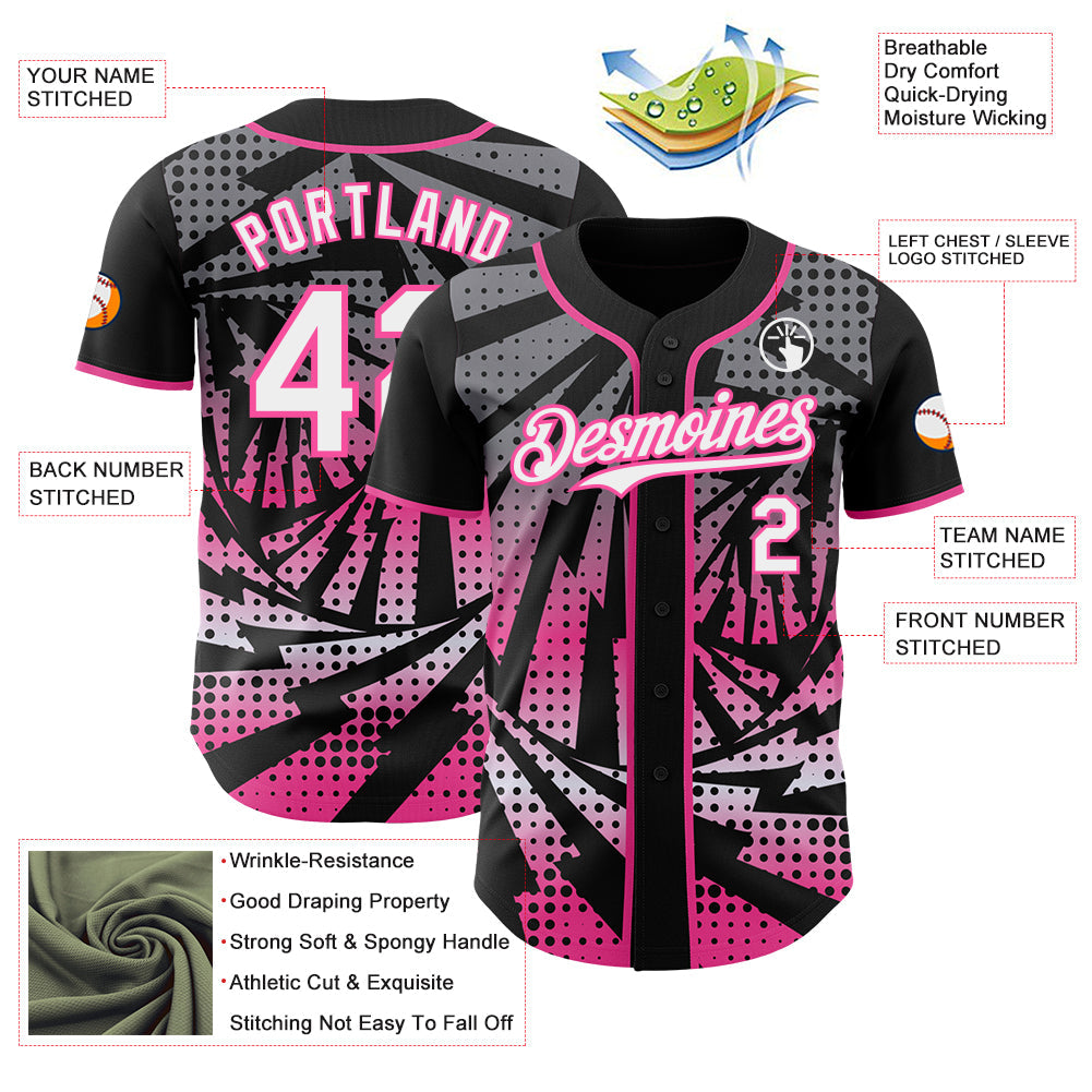 Custom Black White-Pink Lightning Gradient Dot Authentic Baseball Jersey view 3