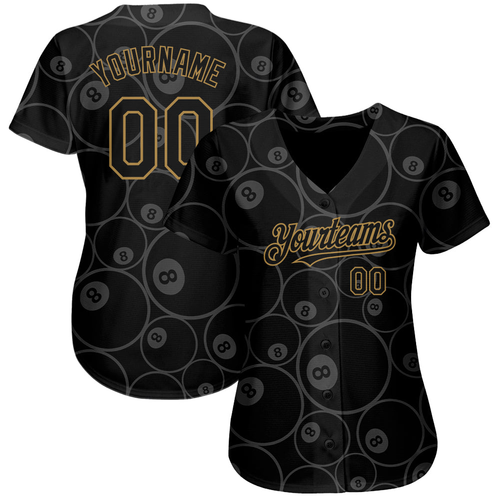 Custom Black Old Gold 3D Pattern Design Billiards Snooker 8 Ball Authentic Baseball Jersey view 2