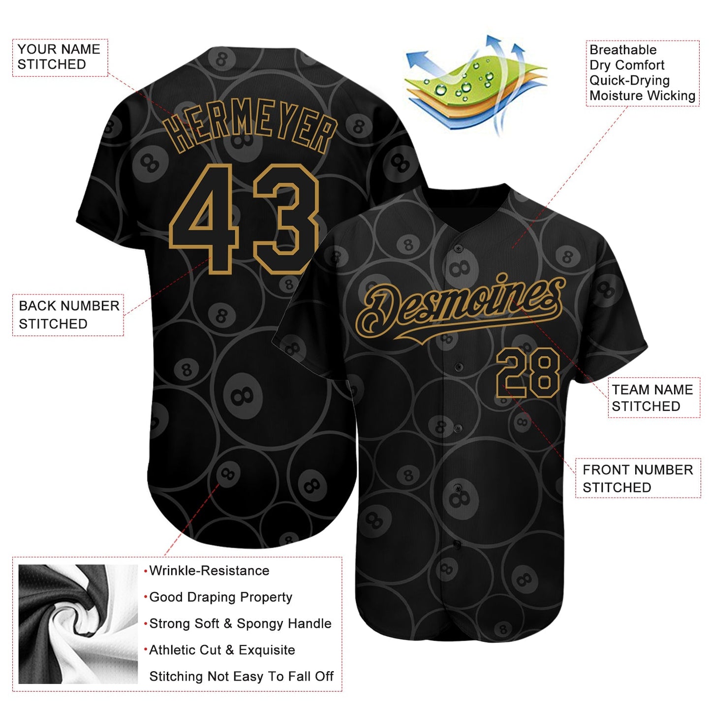 Custom Black Old Gold 3D Pattern Design Billiards Snooker 8 Ball Authentic Baseball Jersey view 3