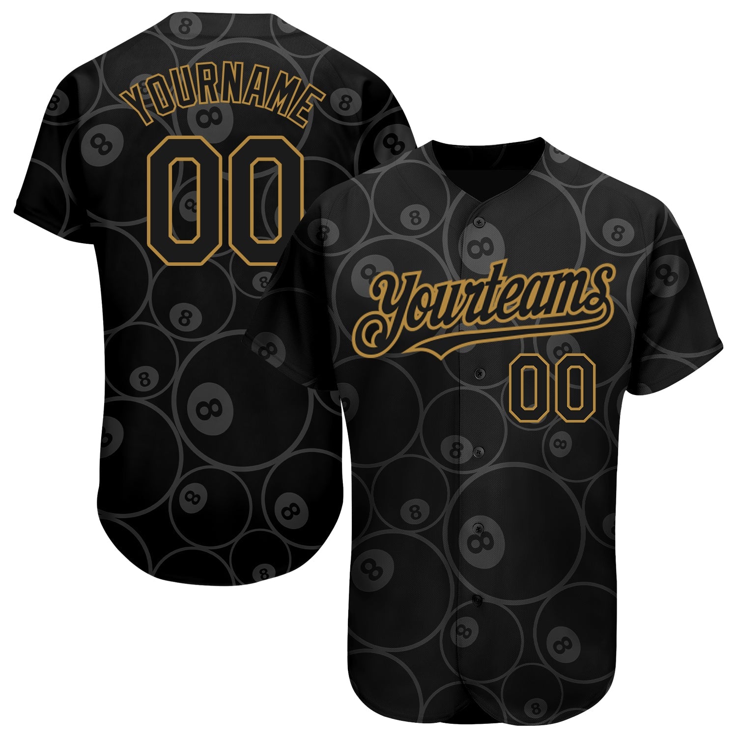 Custom Black Old Gold 3D Pattern Design Billiards Snooker 8 Ball Authentic Baseball Jersey - Main View