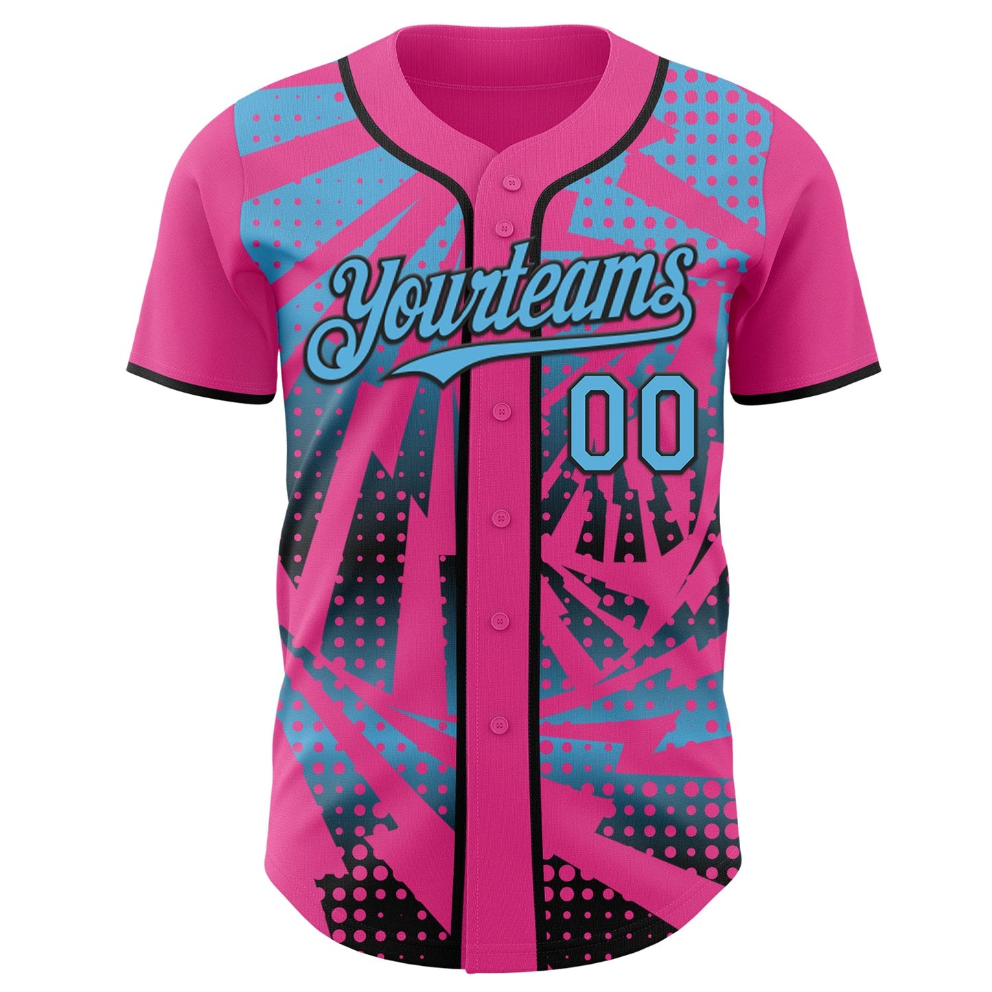 Custom Pink Sky Blue-Black Lightning Gradient Dot Authentic Baseball Jersey view 2