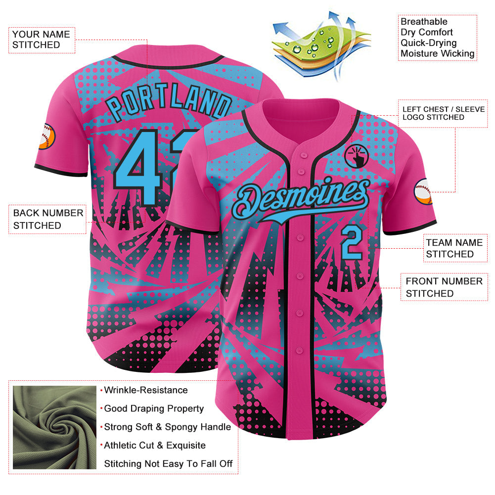 Custom Pink Sky Blue-Black Lightning Gradient Dot Authentic Baseball Jersey view 3