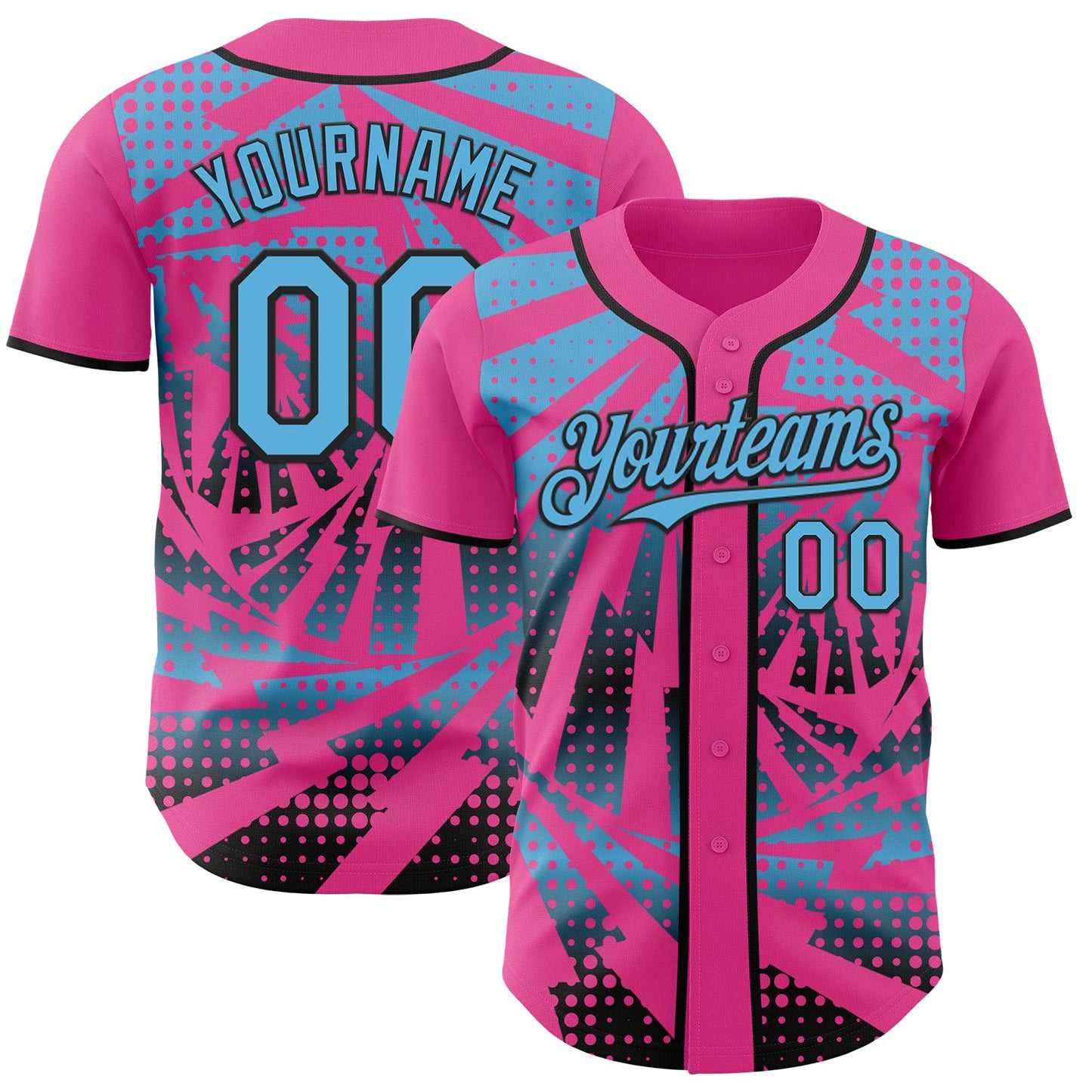 Custom Pink Sky Blue-Black Lightning Gradient Dot Authentic Baseball Jersey - Main View
