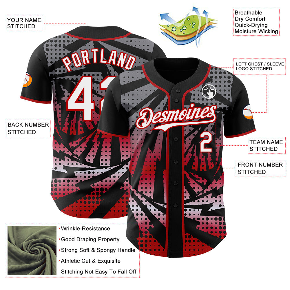 Custom Black White-Red Lightning Gradient Dot Authentic Baseball Jersey view 3