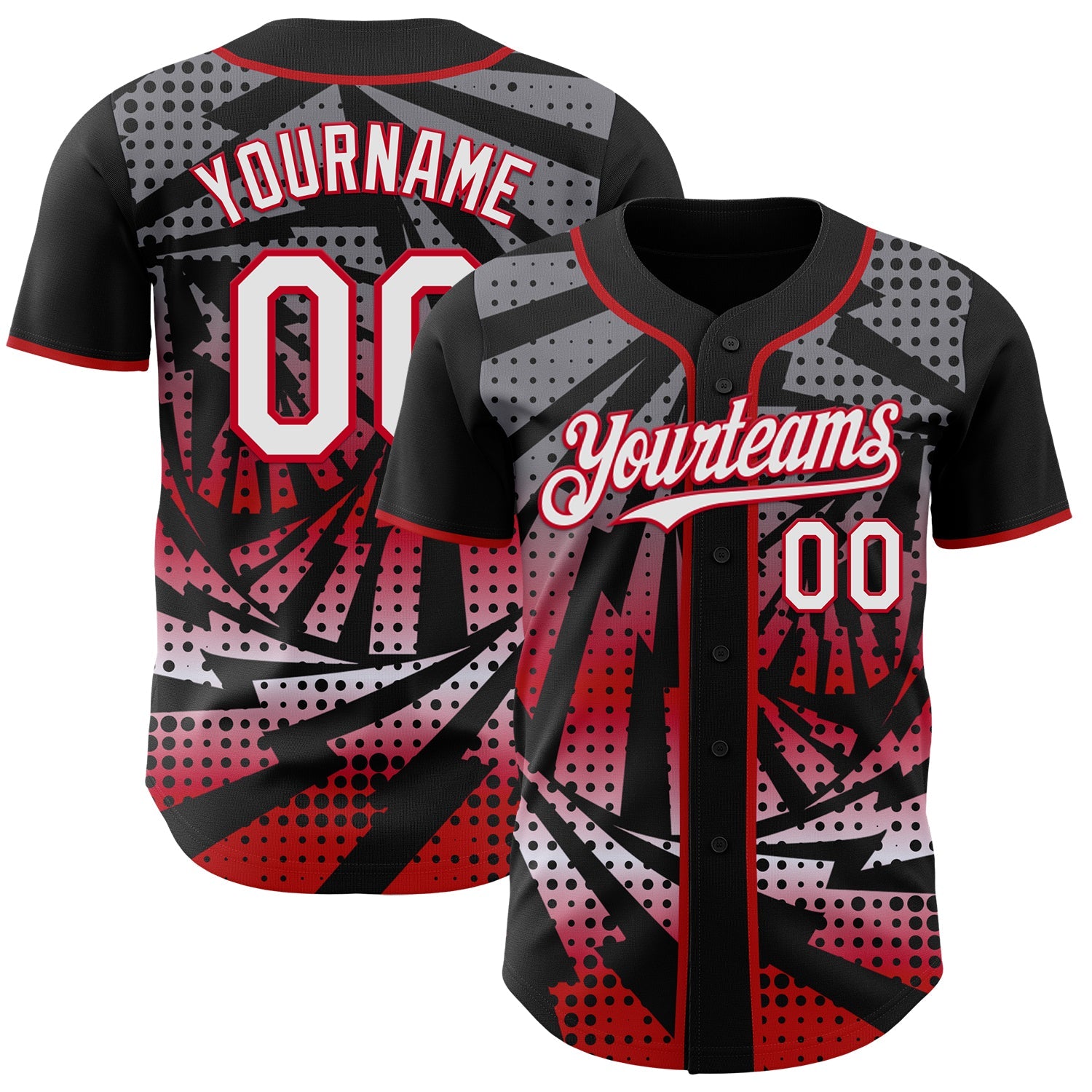 Custom Black White-Red Lightning Gradient Dot Authentic Baseball Jersey - Main View