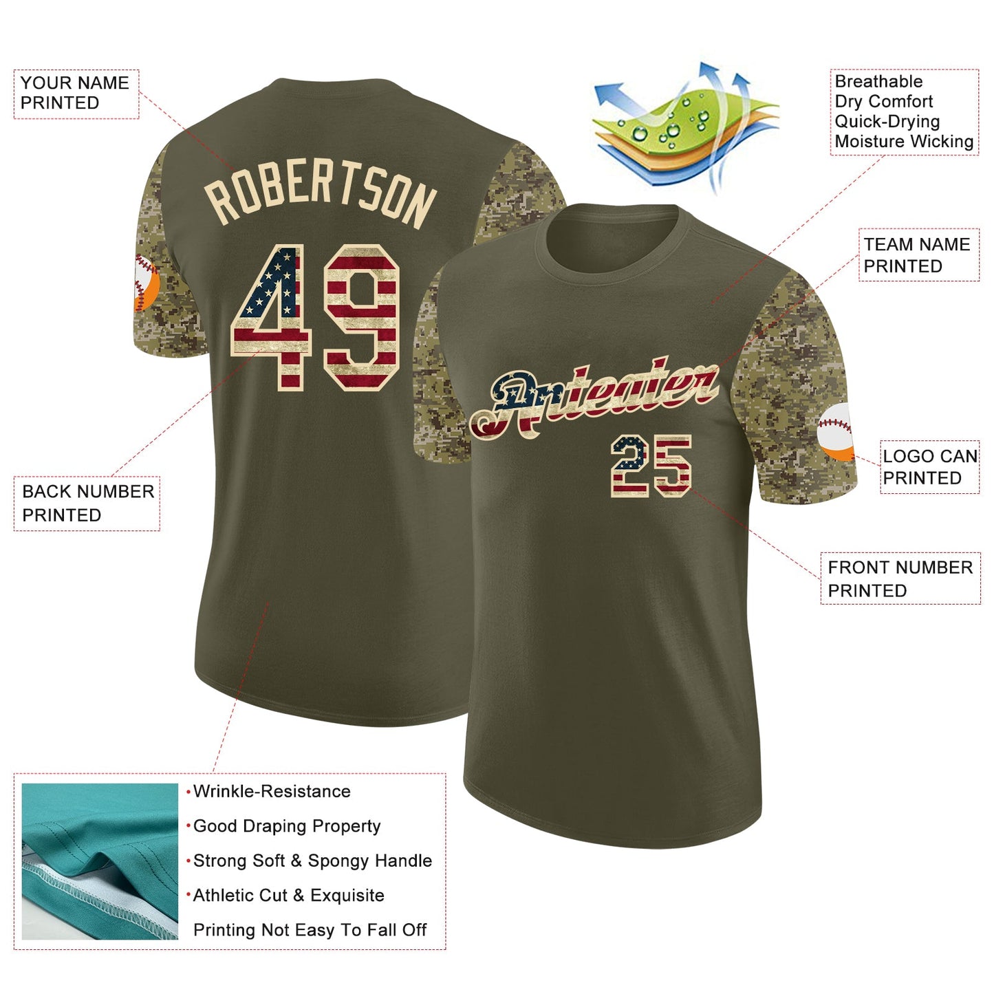 Custom Olive Vintage USA Flag-Cream Camo Two Tone Performance T-Shirt view 2