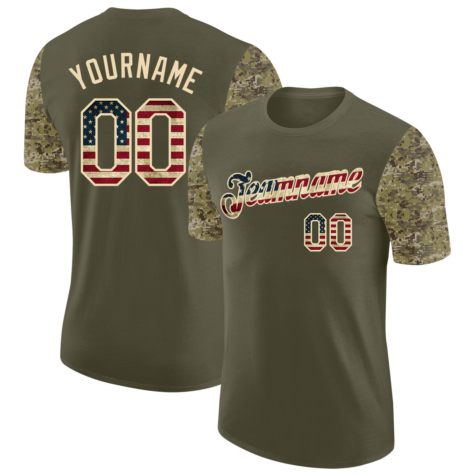 Custom Olive Vintage USA Flag-Cream Camo Two Tone Performance T-Shirt - Main View
